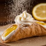 "Close-up of zesty lemon meringue cannolis with toasted meringue topping and lemon zest garnish."