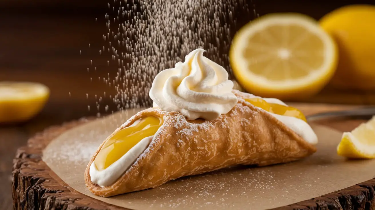 "Close-up of zesty lemon meringue cannolis with toasted meringue topping and lemon zest garnish."