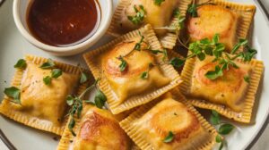 Crispy air fryer ravioli bites served with marinara sauce, ready for dipping. 