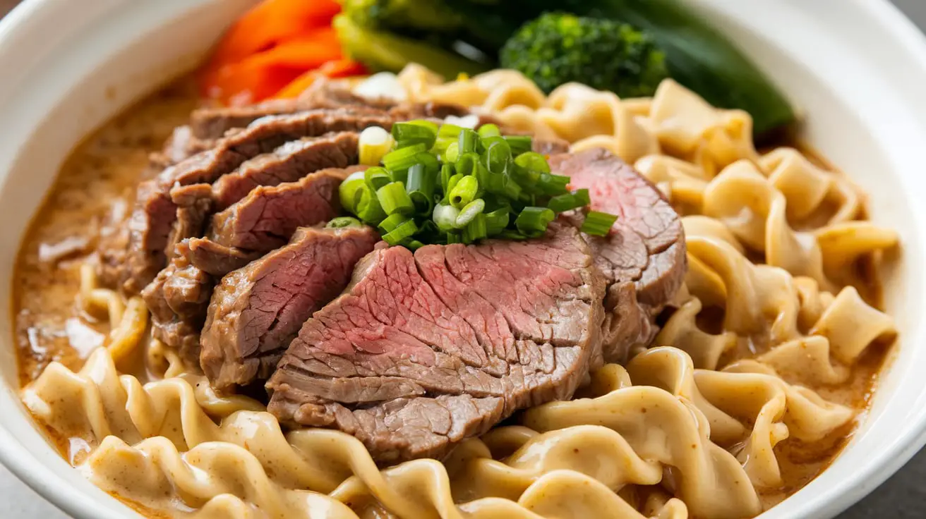 A bowl of Creamy Beef Noodles Delight featuring tender beef strips, egg noodles, and a rich creamy sauce, garnished with parsley.