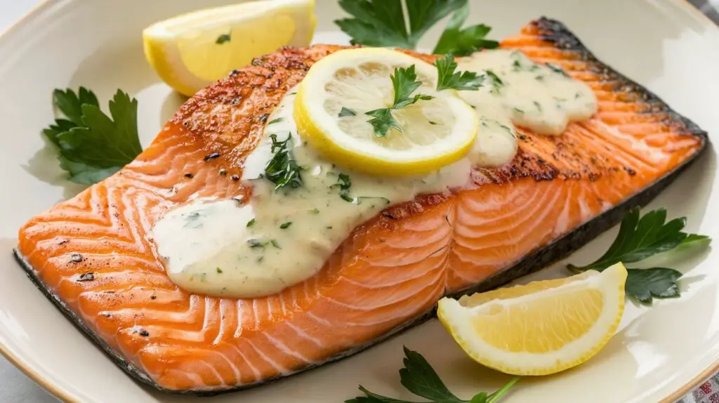 Grilled salmon fillet topped with a zesty lemon sauce, garnished with fresh herbs and lemon slices on a white plate.