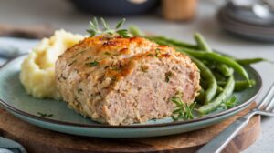 "Garlic Parmesan Chicken Meatloaf garnished with fresh parsley on a wooden serving board" 