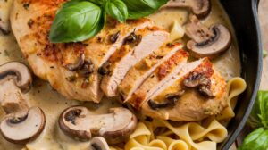 Creamy chicken mushroom skillet with tender chicken and rich garlic sauce served in a skillet.

