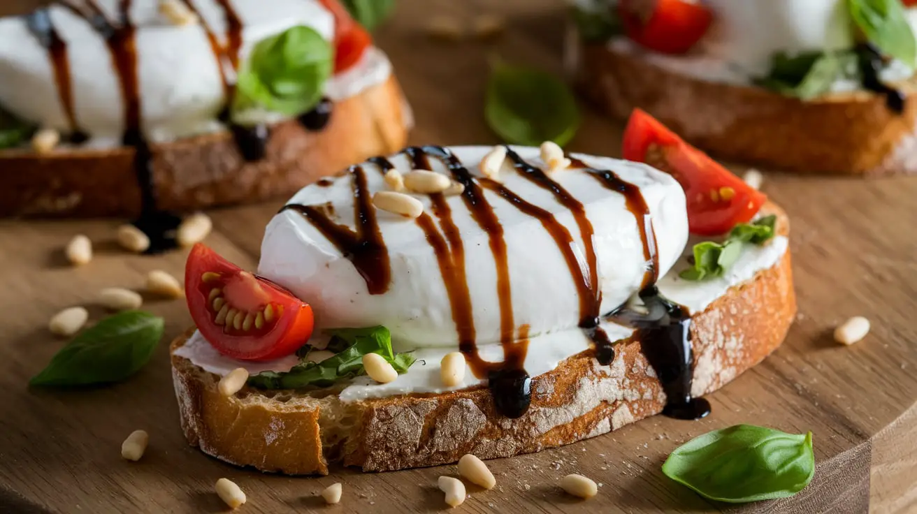 "Close-up of crispy crostini topped with creamy burrata, fresh basil, cherry tomatoes, and a drizzle of balsamic glaze."