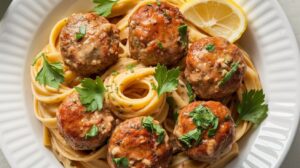 Garlic Butter Meatballs with Linguine: A Decadent Dinner Delight
When it comes to a meal that’s both comforting and elegant, Garlic Butter Meatballs with Linguine checks every box. This dish combines tender, flavorful meatballs, perfectly cooked linguine, and a luscious garlic butter sauce that ties everything together beautifully. Whether you’re preparing a weeknight dinner or a special meal for guests, this recipe will leave everyone asking for seconds.

The Origins of a Classic Dish
While meatballs are often associated with Italian-American cuisine, their history spans many cultures, from Swedish köttbullar to Middle Eastern kofta. Pairing meatballs with pasta, especially linguine, adds a hearty and satisfying touch to this dish. The addition of garlic butter sauce brings richness and depth, transforming simple ingredients into an unforgettable culinary experience.

For inspiration on the various types of pasta that can complement sauces like this, explore this comprehensive guide to pasta shapes. Additionally, knowing how to prepare pasta perfectly is key to the success of this recipe—these tips for cooking pasta like a pro will ensure success.

Ingredients You’ll Need
For the Meatballs:
1 lb ground beef, turkey, or chicken
½ cup breadcrumbs (panko or regular)
1 egg
2 cloves garlic, minced
1 tsp Italian seasoning
Salt and pepper, to taste
For the Garlic Butter Sauce:
4 tbsp unsalted butter
3 cloves garlic, minced
2 tbsp fresh parsley, chopped
1 tsp lemon zest (optional for brightness)
½ cup grated Parmesan cheese
For the Linguine:
12 oz linguine pasta
Salt for boiling water
1 cup reserved pasta water
Step-by-Step Recipe Guide
1. Make the Meatballs (800 words)
Creating perfectly seasoned and tender meatballs is the first step:

Mix the Ingredients: Combine ground meat, breadcrumbs, egg, minced garlic, and Italian seasoning in a large bowl. Mix gently with your hands to avoid overworking the meat, which can make the meatballs dense.
Shape the Meatballs: Roll the mixture into 1-inch balls, aiming for uniform size for even cooking.
Cook the Meatballs: Heat a large skillet over medium heat with a drizzle of olive oil. Sear the meatballs until browned on all sides. Remove and set aside.
2. Cook the Linguine (600 words)
Perfectly cooked linguine is essential to this dish:

Boil a large pot of salted water and add linguine.
Cook until al dente, following package instructions (typically 8–10 minutes).
Drain and reserve 1 cup of the pasta water for the sauce.
3. Prepare the Garlic Butter Sauce (900 words)
This garlic butter sauce is the heart of the dish:

In the same skillet used for the meatballs, melt the butter over medium heat.
Add minced garlic and sauté until fragrant, about 1 minute.
Stir in fresh parsley and lemon zest for a burst of freshness.
Gradually add the reserved pasta water, whisking constantly to create a silky sauce.
Sprinkle in grated Parmesan, stirring until melted and smooth.
4. Combine and Serve (700 words)
Bringing all the components together:

Add the cooked meatballs to the garlic butter sauce, allowing them to simmer for 5–7 minutes to soak up the flavors.
Toss the cooked linguine into the skillet, ensuring each strand is coated in the sauce.
Serve immediately, garnished with additional parsley and Parmesan for an elegant finish.
Serving Suggestions
Enhance your meal with these sides:

A fresh arugula or Caesar salad adds a crisp, refreshing contrast.
Crusty garlic bread is perfect for soaking up any leftover sauce.
A glass of dry white wine, like Sauvignon Blanc, pairs beautifully with the buttery flavors.
Recipe Variations
Dietary Adjustments:
Vegetarian Option: Substitute meatballs with plant-based alternatives or roasted mushrooms.
Gluten-Free Version: Use gluten-free pasta and breadcrumbs.
Dairy-Free Adaptation: Replace butter with olive oil and Parmesan with nutritional yeast.
Flavor Enhancements:
Add crushed red pepper flakes to the sauce for a spicy kick.
Incorporate sun-dried tomatoes or spinach for extra flavor and texture.
Pro Tips for Success
Always use fresh garlic for the best flavor.
Don’t overcrowd the skillet when browning meatballs; cook in batches if necessary.
Use high-quality Parmesan for a rich, nutty taste.
Frequently Asked Questions (FAQs)
Can I use a different type of pasta?
Yes, while linguine works wonderfully in this recipe, fettuccine, spaghetti, or even angel hair pasta can be great substitutes.

What’s the best way to store leftovers?
Store leftovers in an airtight container in the refrigerator for up to 3 days. Reheat gently in a skillet with a splash of water or broth to prevent drying out.

Can I freeze meatballs?
Absolutely! Cooked meatballs can be frozen for up to 3 months. Thaw them overnight in the refrigerator before reheating in the sauce.

Conclusion
Garlic Butter Meatballs with Linguine is a dish that brings comfort, flavor, and a touch of sophistication to your table. Its combination of tender meatballs, creamy garlic butter sauce, and al dente pasta makes it a recipe you’ll want to revisit often. For more ideas on elevating your pasta dishes, explore this guide to making homemade meatballs.

Take the time to savor this culinary masterpiece and share it with your loved ones—it’s sure to become a favorite in your recipe rotation!

