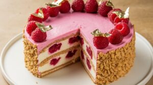 Layered Raspberry No-Bake Split Cake topped with whipped cream, fresh raspberries, and chocolate drizzle. 