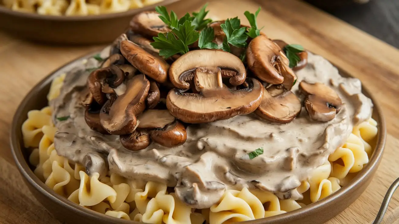 A plate of creamy mushrooms in a rich sauce, topped with fresh herbs and served with pasta, showcasing the ultimate creamy mushroom delight.