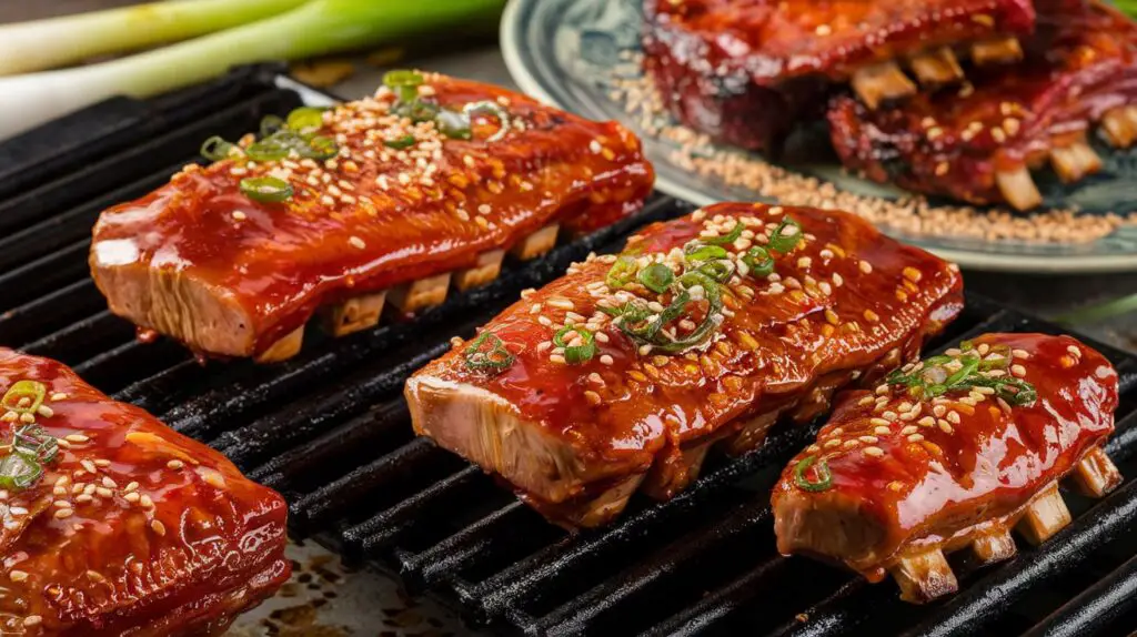 "Spicy Korean BBQ short ribs served with banchan and lettuce wraps"