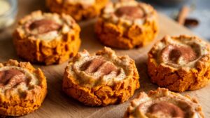  Close-up of golden-brown sweet potato cheesecake cookies with creamy centers on a baking tray.