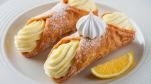 "Close-up of zesty lemon meringue cannolis with toasted meringue topping and lemon zest garnish." 