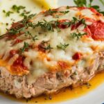 "Garlic Parmesan Chicken Meatloaf garnished with fresh parsley on a wooden serving board"