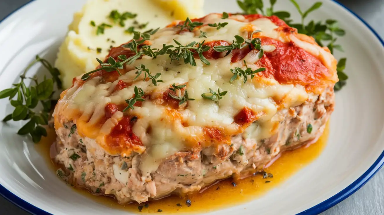 "Garlic Parmesan Chicken Meatloaf garnished with fresh parsley on a wooden serving board"