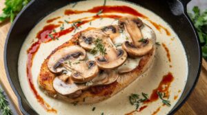 Creamy chicken mushroom skillet with tender chicken and rich garlic sauce served in a skillet.

