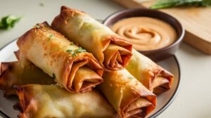 "Golden and crispy homemade egg rolls served with dipping sauces."