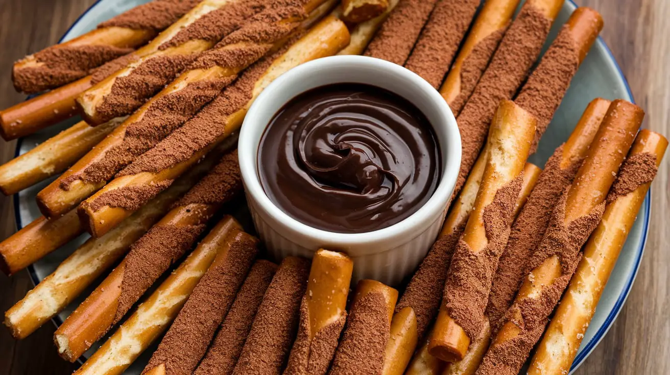 Freshly baked cinnamon sugar pretzel sticks on a parchment-lined baking sheet.