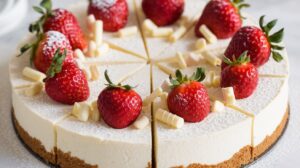 White chocolate strawberry cheesecake on a plate garnished with fresh strawberries and white chocolate curls.
