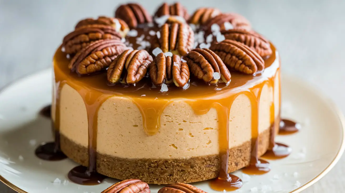 "Delicious salted caramel delight cheesecake topped with creamy caramel sauce."