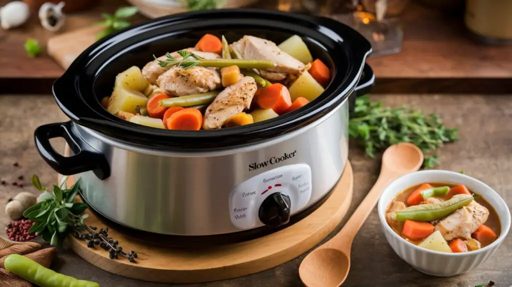 A variety of slow cooker dinners, including hearty beef stew and chicken casserole, ready for serving.