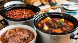 A variety of slow cooker dinners, including hearty beef stew and chicken casserole, ready for serving.

