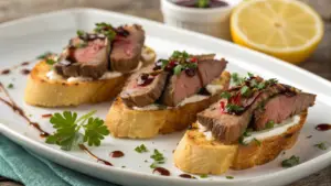 Beef Tenderloin Crostini Delight: Close-up of toasted baguette topped with tender beef slices, creamy sauce, and fresh garnishes.
