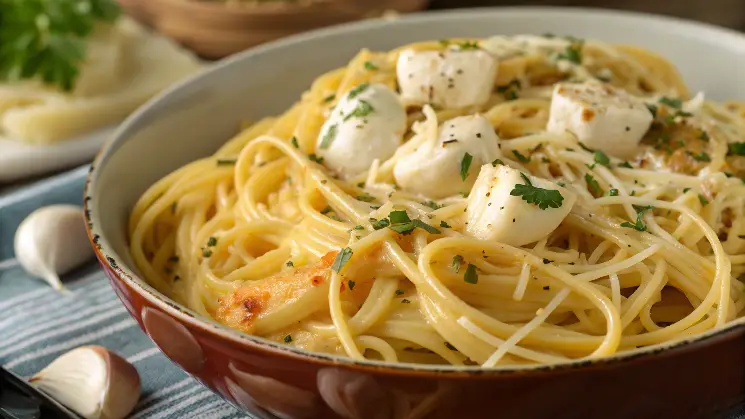 "A bowl of cheesy garlic butter linguine topped with fresh parsley and grated Parmesan cheese on a rustic wooden table."