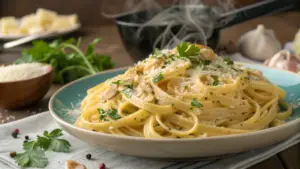 "A bowl of cheesy garlic butter linguine topped with fresh parsley and grated Parmesan cheese on a rustic wooden table."

