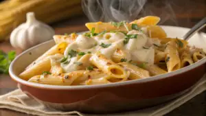 Cheesy garlic butter penne pasta in a white bowl, garnished with parsley and grated Parmesan cheese.

