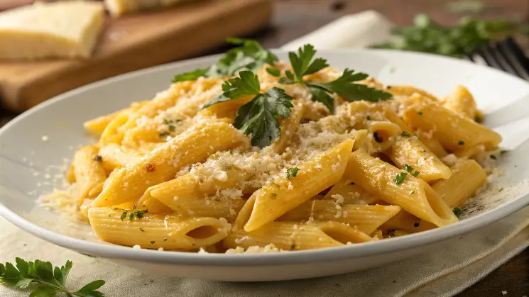 Cheesy garlic butter penne pasta in a white bowl, garnished with parsley and grated Parmesan cheese.