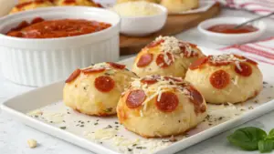 "Cheesy Pepperoni Pizza Bombs with golden crust, gooey mozzarella cheese, and marinara sauce, served on a rustic platter."

