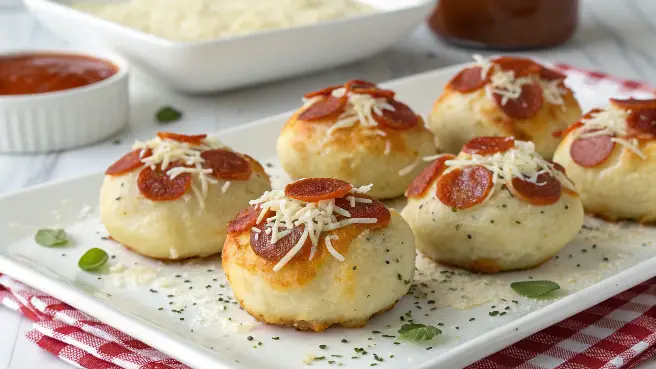 "Cheesy Pepperoni Pizza Bombs with golden crust, gooey mozzarella cheese, and marinara sauce, served on a rustic platter."