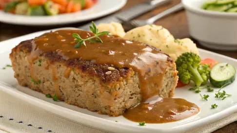 Cordon Bleu Meatloaf with Swiss Cheese and Ham served with rich gravy, perfect comfort food recipe.