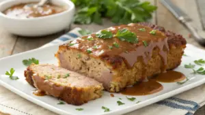 Cordon Bleu Meatloaf with Swiss Cheese and Ham served with rich gravy, perfect comfort food recipe. 