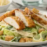 Crispy Caesar Chicken Pasta with golden-brown chicken, creamy Caesar dressing, and pasta twirls garnished with Parmesan and croutons.