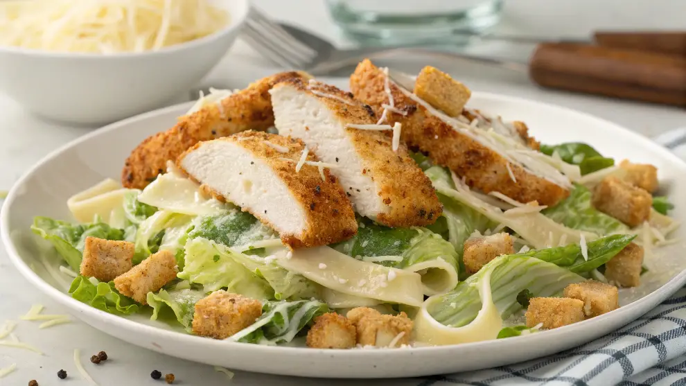 Crispy Caesar Chicken Pasta with golden-brown chicken, creamy Caesar dressing, and pasta twirls garnished with Parmesan and croutons.