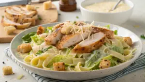 Crispy Caesar Chicken Pasta with golden-brown chicken, creamy Caesar dressing, and pasta twirls garnished with Parmesan and croutons.

