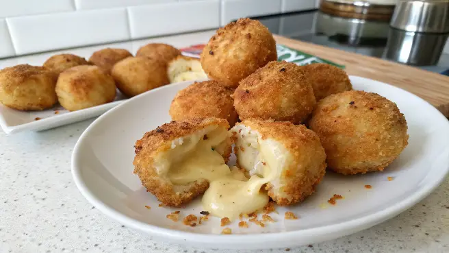 Crispy Fried Cheese Bites with golden brown coating and melted cheese inside. Perfect appetizer with dipping sauce.