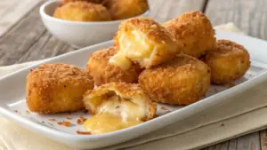 Crispy Fried Cheese Bites with golden brown coating and melted cheese inside. Perfect appetizer with dipping sauce.

