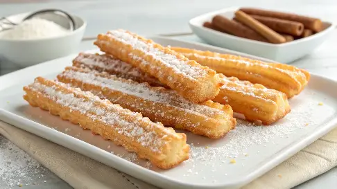 Crispy funnel cake sticks served with powdered sugar and chocolate sauce.