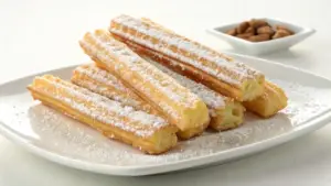 Crispy funnel cake sticks served with powdered sugar and chocolate sauce.
