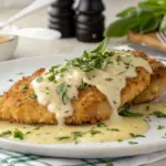 Crunchy chicken breast coated in breadcrumbs, topped with creamy Parmesan sauce, served on a plate.