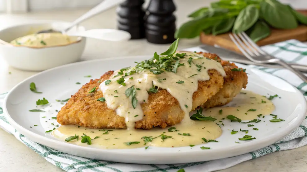 Crunchy chicken breast coated in breadcrumbs, topped with creamy Parmesan sauce, served on a plate.