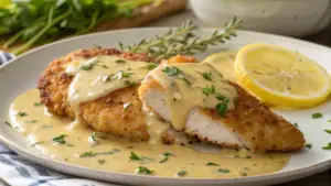 Crunchy chicken breast coated in breadcrumbs, topped with creamy Parmesan sauce, served on a plate.

