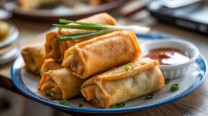 "Golden and crispy homemade egg rolls served with dipping sauces."