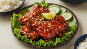 "Spicy Korean BBQ short ribs served with banchan and lettuce wraps" 