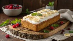 Slice of dreamy banana cake with creamy frosting and banana slices on top

