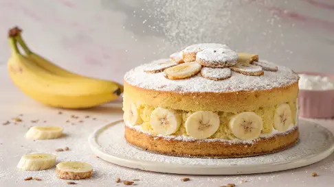 Slice of dreamy banana cake with creamy frosting and banana slices on top