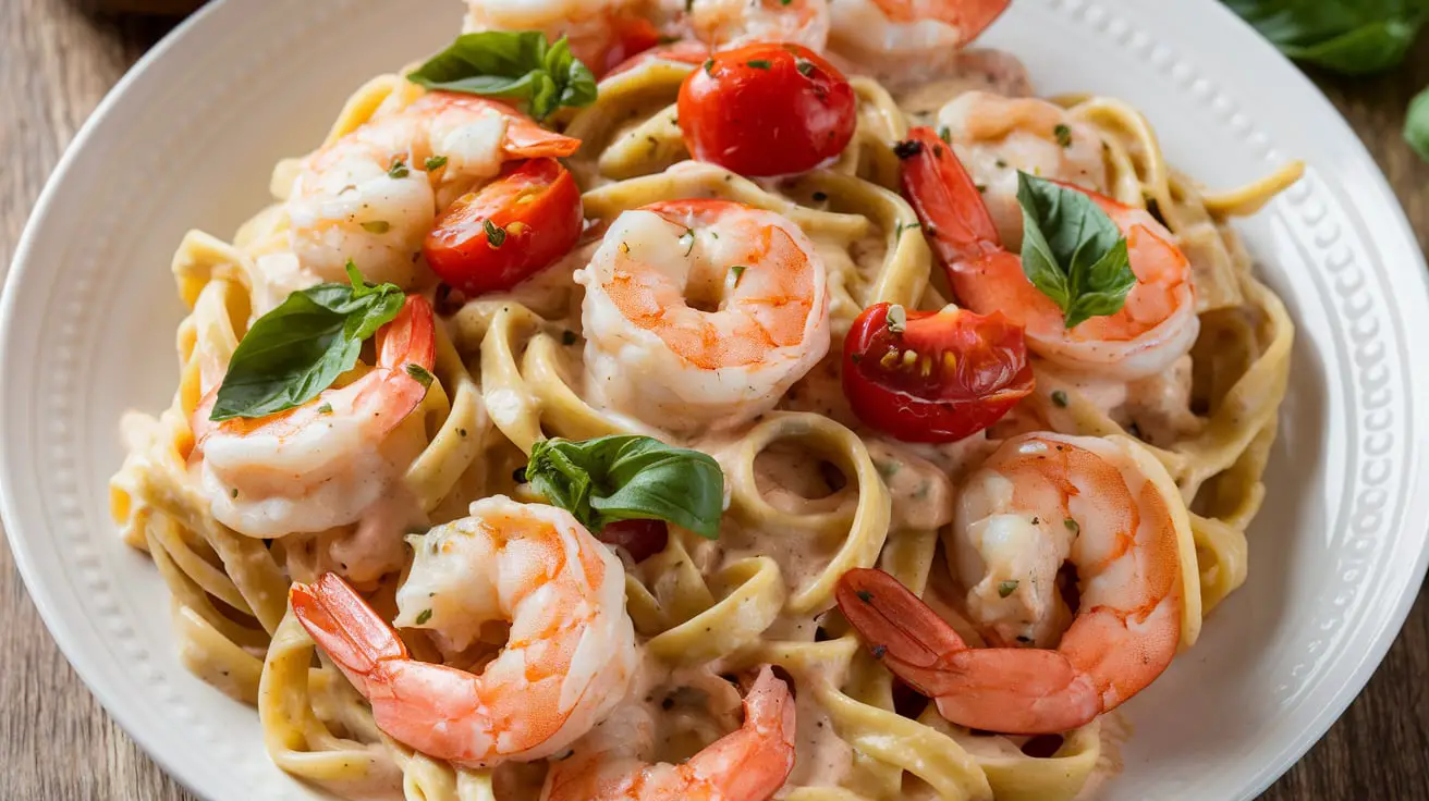 "A plate of creamy Tuscan shrimp linguine with fresh spinach and sun-dried tomatoes, garnished with Parmesan cheese and herbs."