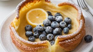 A fluffy and delicious Blueberry Lemon Dutch Baby topped with fresh blueberries and powdered sugar. Perfect for brunch or breakfast. 