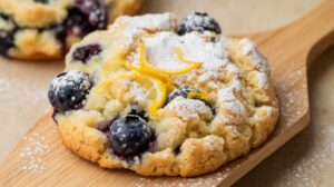 "Freshly baked blueberry lemon cookies on a cooling rack with golden edges and vibrant blueberries"