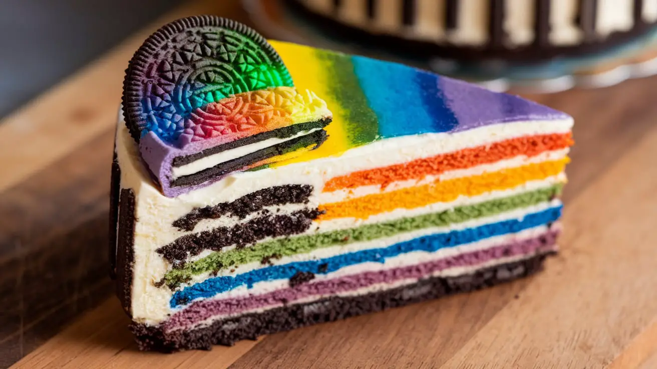 "A vibrant Rainbow Oreo Cheesecake Cake with colorful layers, topped with whipped cream and sprinkles, set on a white plate."